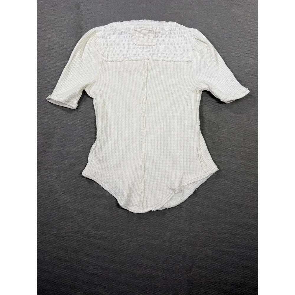 Free People We The Free Smocked Yoke Thermal Top Cream White Short Sleeve Small